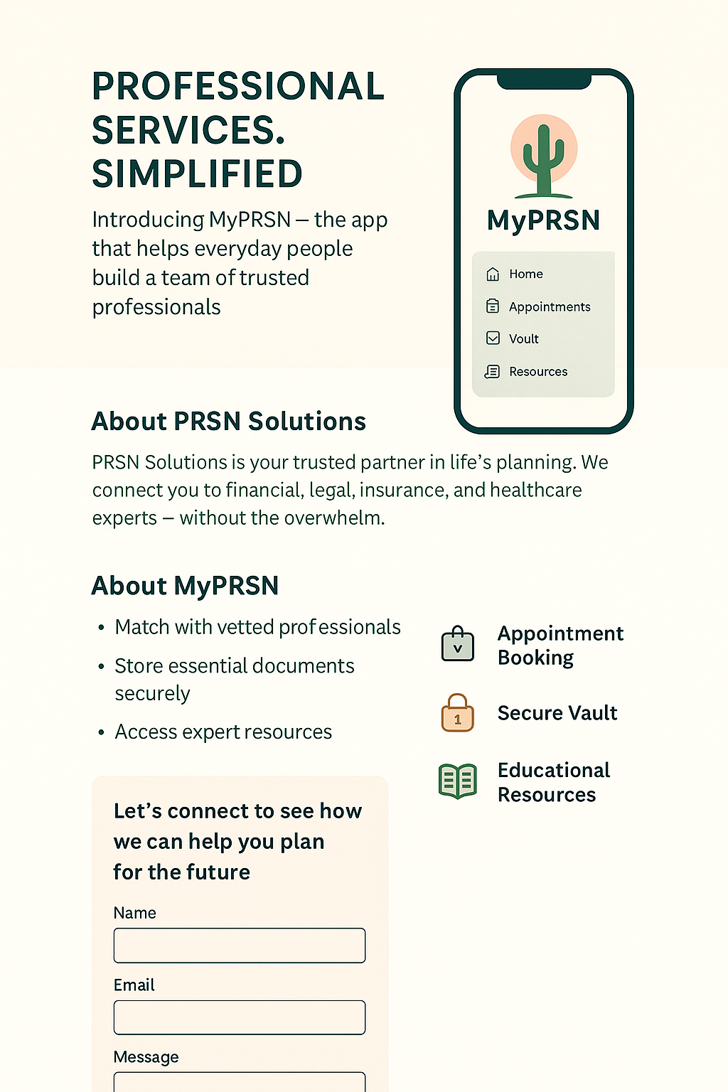 The MyPRSN app showing a personal dashboard with appointments, a secure document vault, and resources