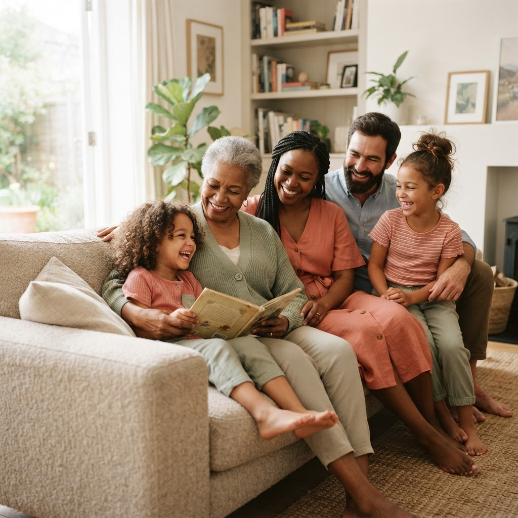 A diverse, multigenerational family relaxing together at home, feeling confident about their future